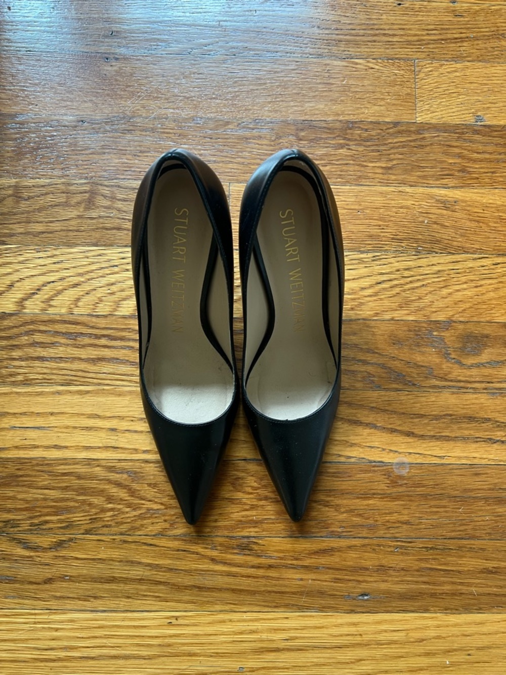 Stuart Weitzman Black Pointed-Toe Leather 3” Pumps